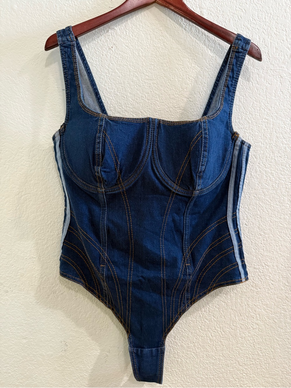 NWT Adidas  IVY PARK Denim Bodysuit Women’s Dark Wash Corset Zip Back